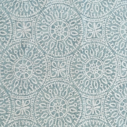 Boho Mandala faded block print aqua drapery upholstery cotton fabric