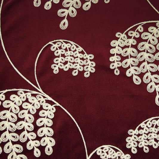 Embroidered Floral Botanical Velvet Wine Drapery Fabric