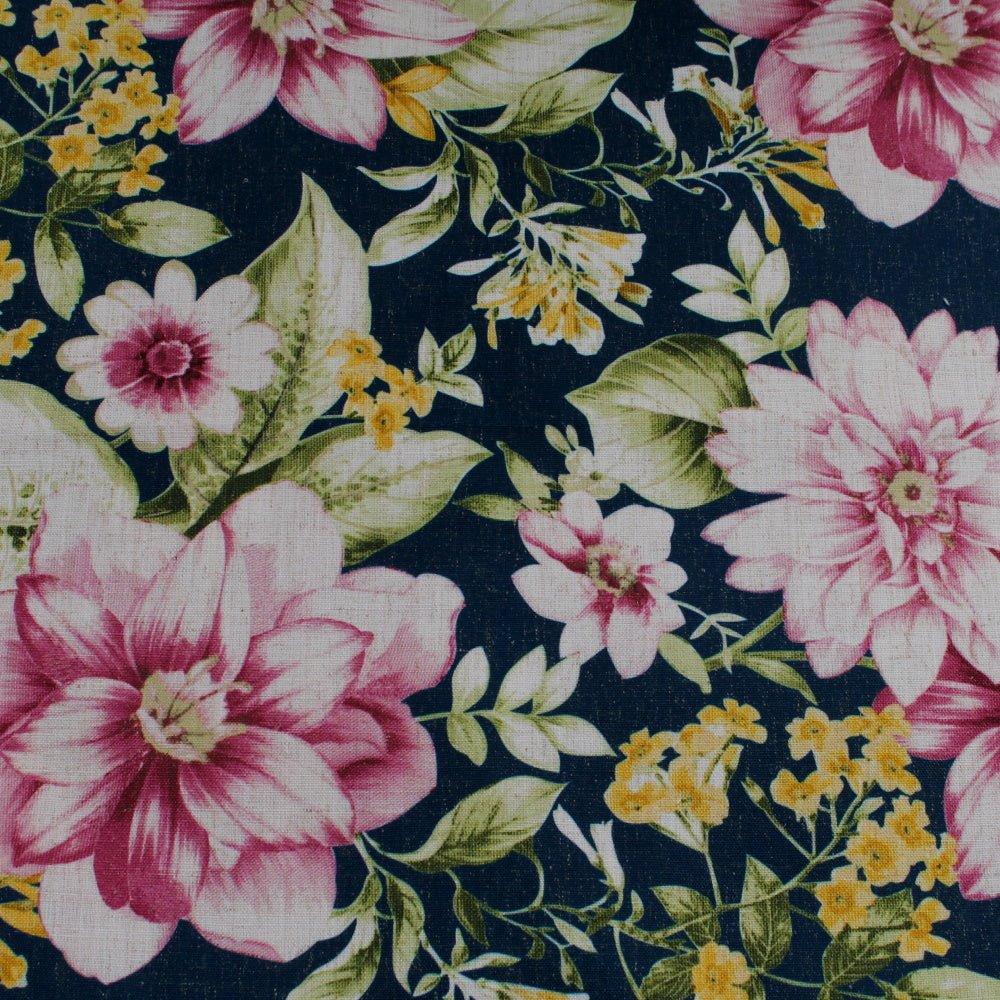 Large floral print Linen upholstery fabric in navy and pink.