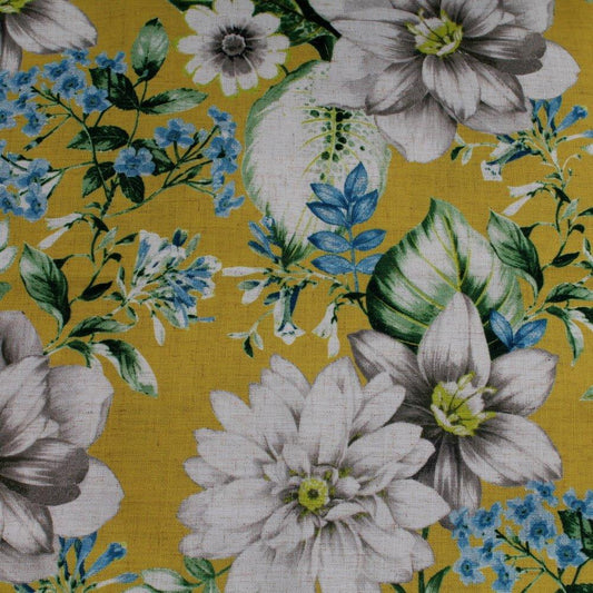 Floral Upholstery Drapery Yellow Blue fabric Large Print.