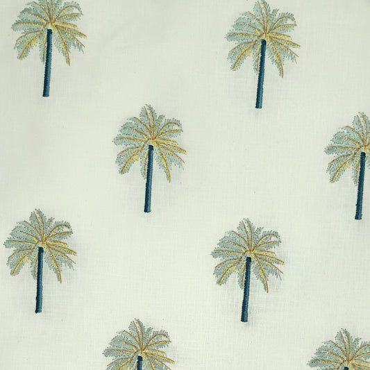 Embroidered Palm Trees Decor fabric Delray Aqua