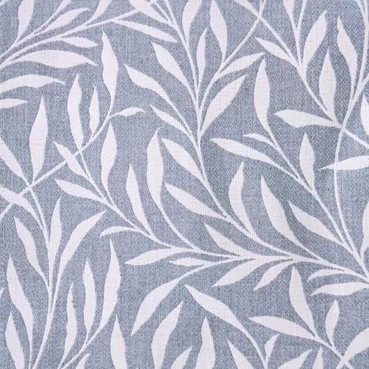 Leaf print drapery fabric sample in blue grey