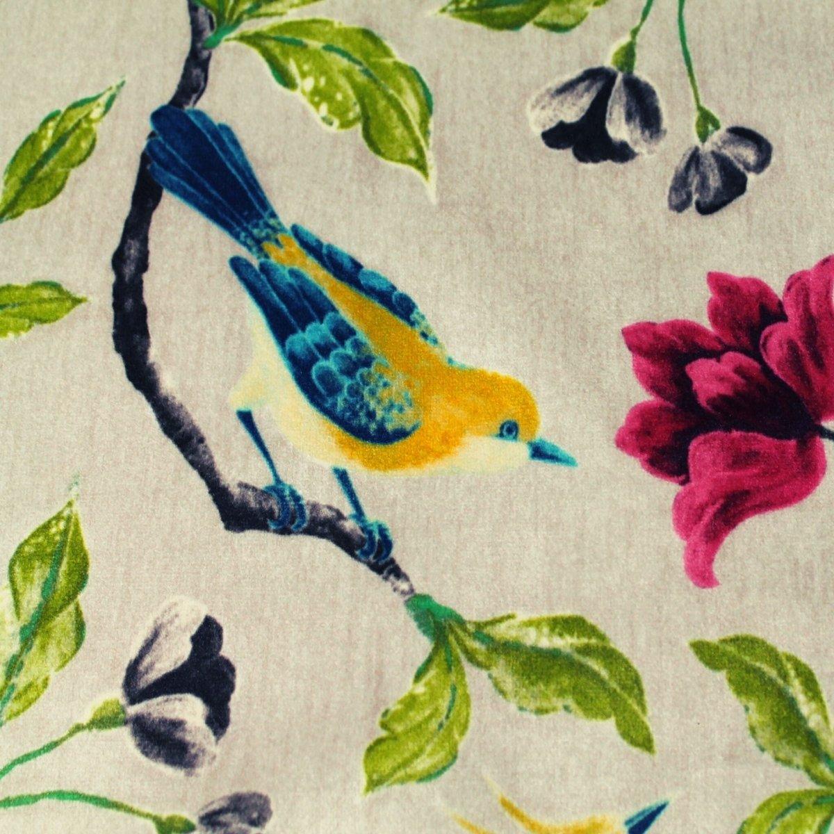 Bird print fabric sample up close.