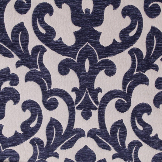 Flocked Chenille Upholstery Fabric Scroll Work French Blue