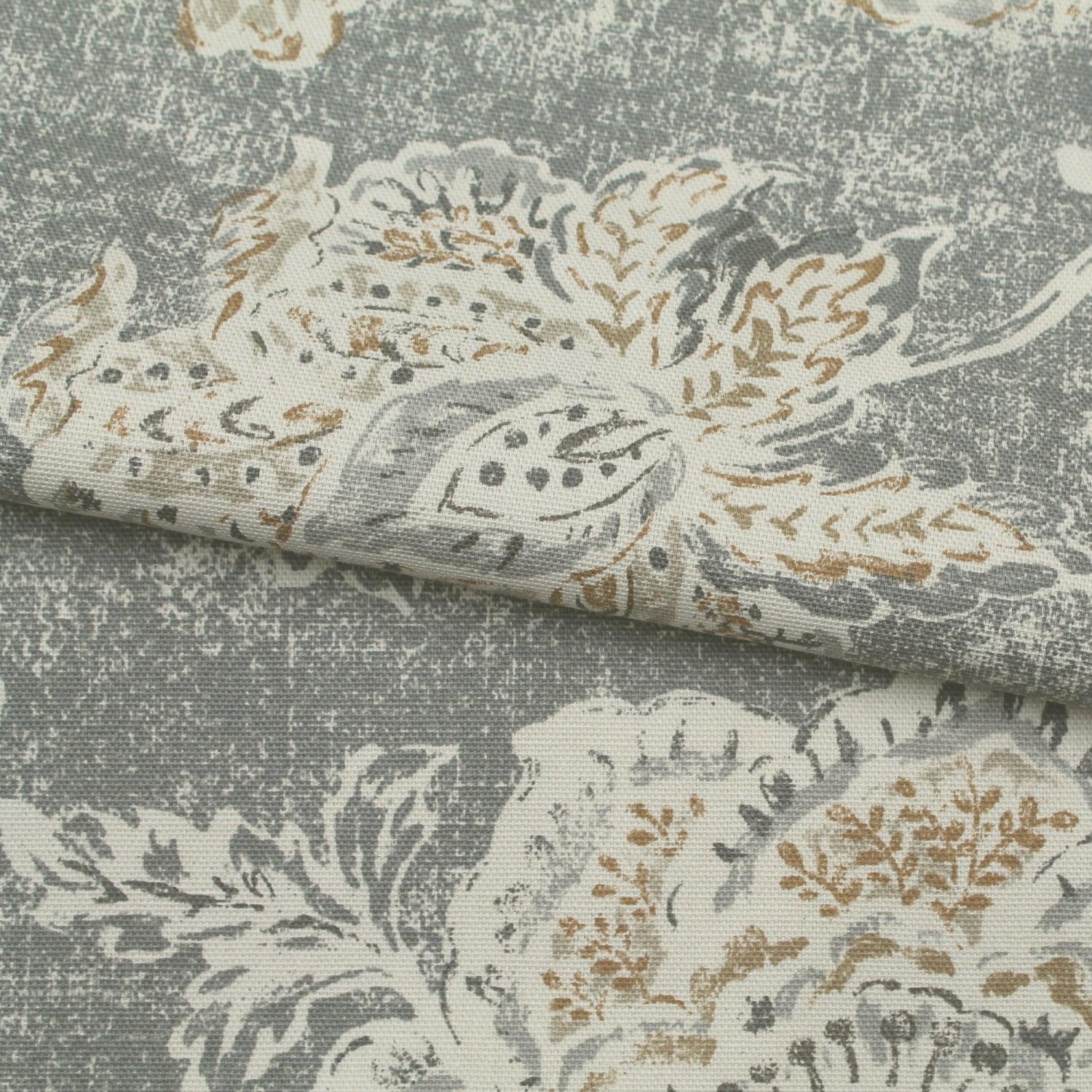 Faded grey floral print home fabric for curtains.