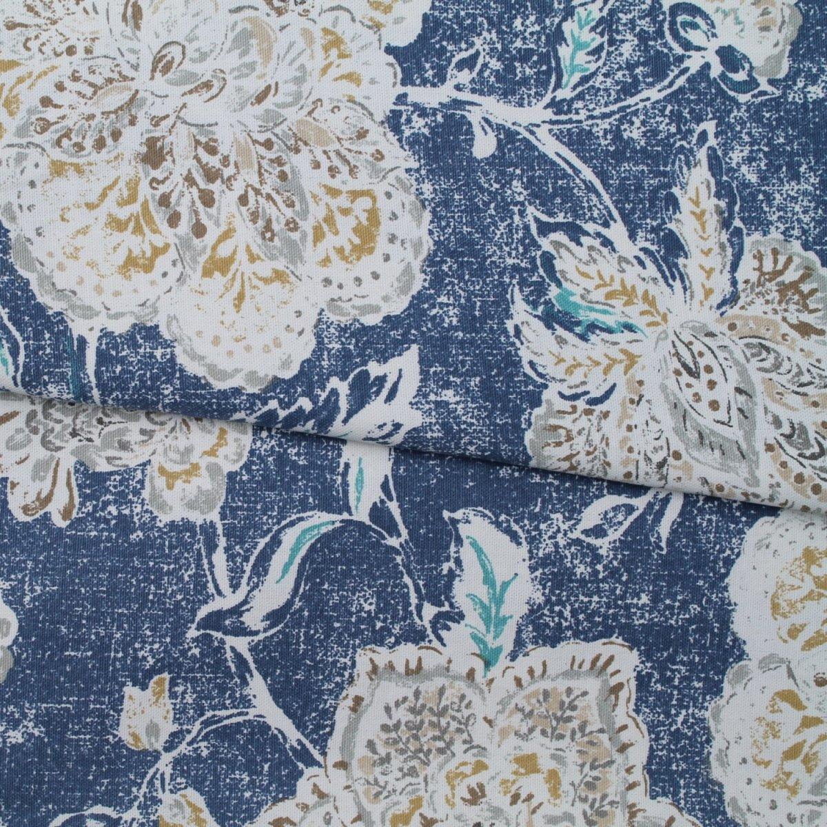 Victoria large floral cotton fabric in stonewash blue.