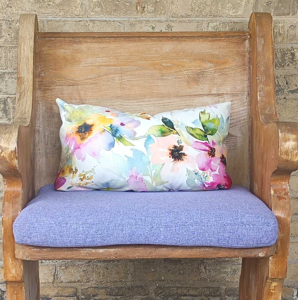 Mauve tweed Wooly on bench cushion.