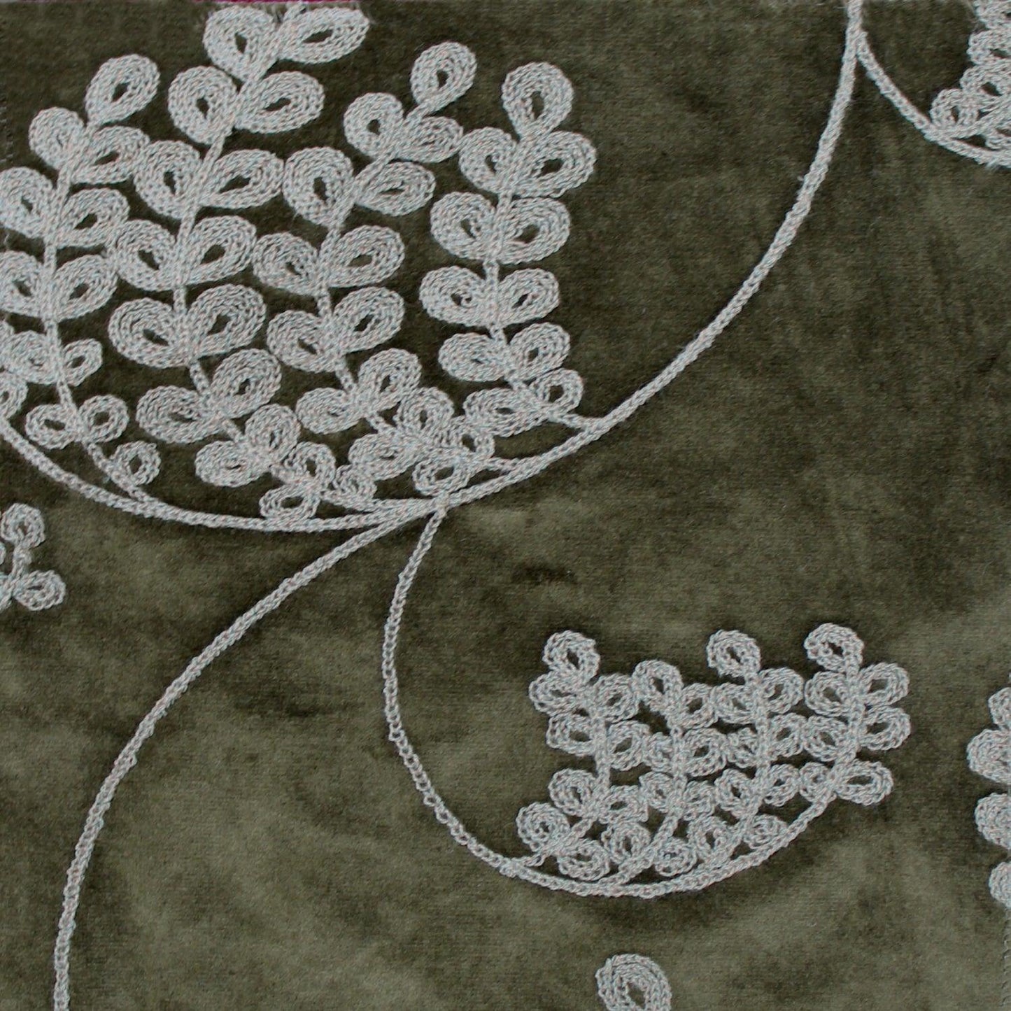 Calgary upholstery fabric in olive green velvet with Embroidered Floral Botanical.