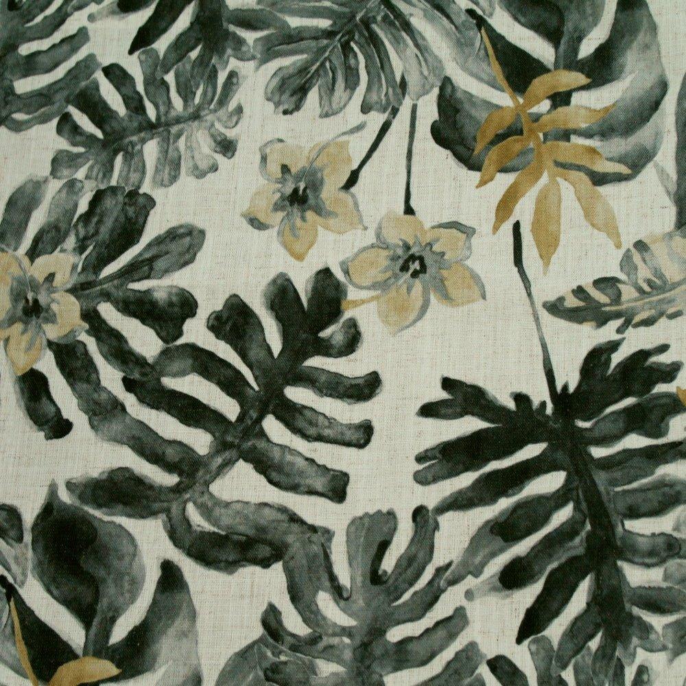 Tropical botanical floral Linen blend print upholstery Drapery charcoal Fabric.