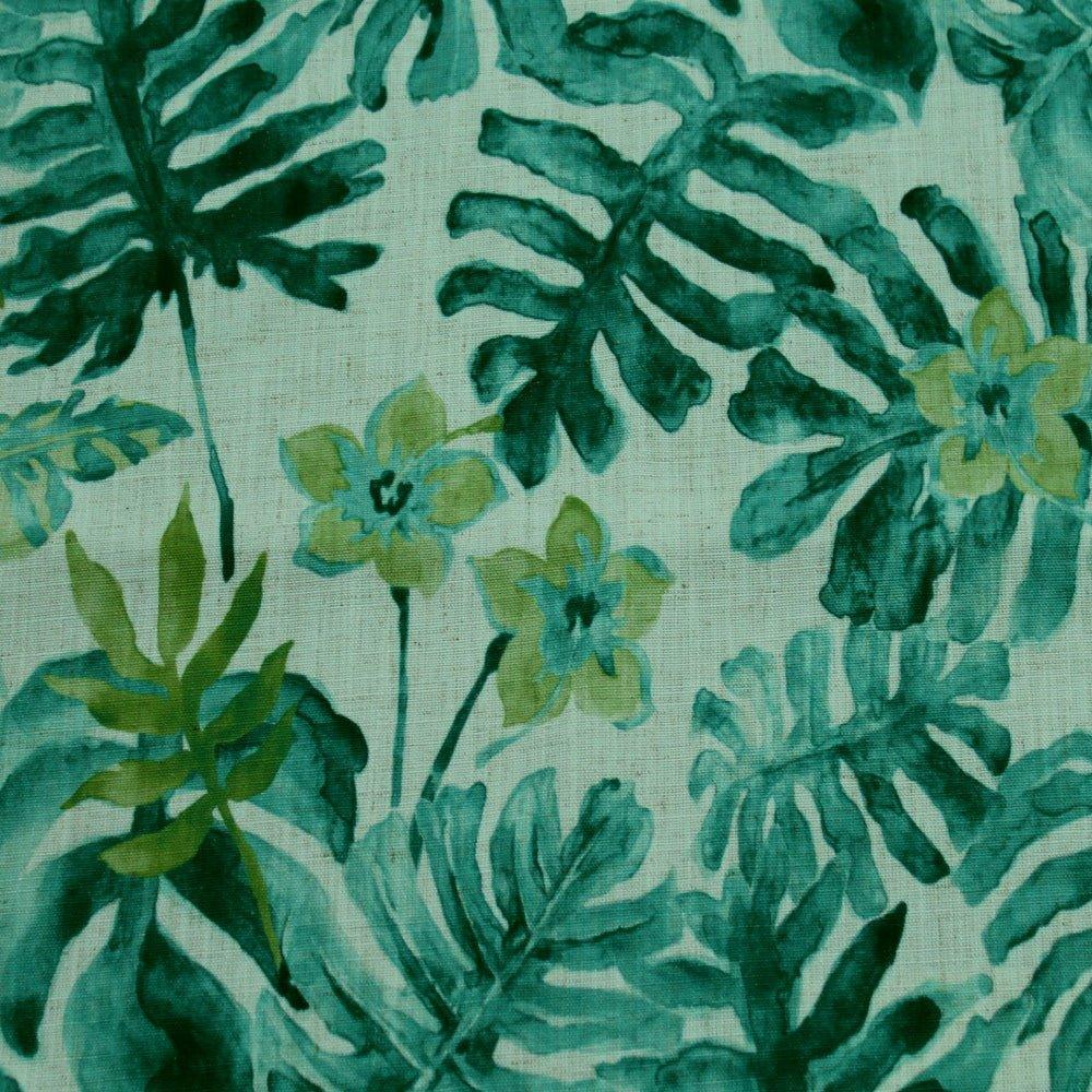 Tropical botanical floral Linen blend print upholstery Drapery aqua Fabric