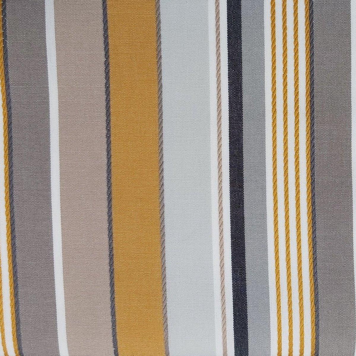 Stripe outdoor waterproof fabric in grey and gold. 