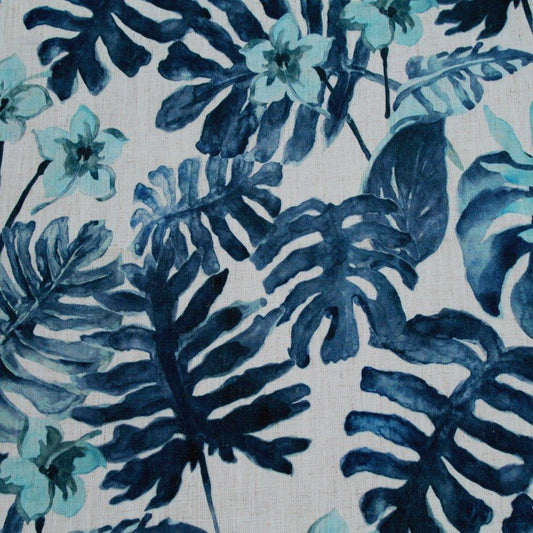 Tropical botanical floral Linen blend print upholstery Drapery cobalt Fabric